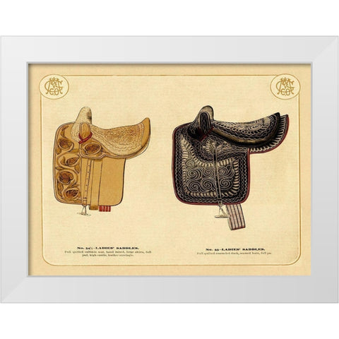 Saddles and Tack: Ladies Saddles #3 White Modern Wood Framed Art Print by Unknown