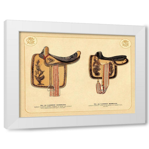 Saddles and Tack: Ladies Saddles #4 White Modern Wood Framed Art Print by Unknown