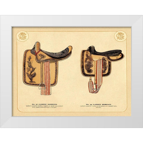Saddles and Tack: Ladies Saddles #4 White Modern Wood Framed Art Print by Unknown