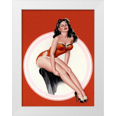 Mid-Century Pin-Ups - Eyeful Magazine - Brunette in a Red Bathing suit White Modern Wood Framed Art Print by Driben, Peter