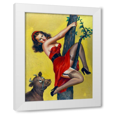 Mid-Century Pin-Ups - Moo - Up a tree White Modern Wood Framed Art Print by Driben, Peter