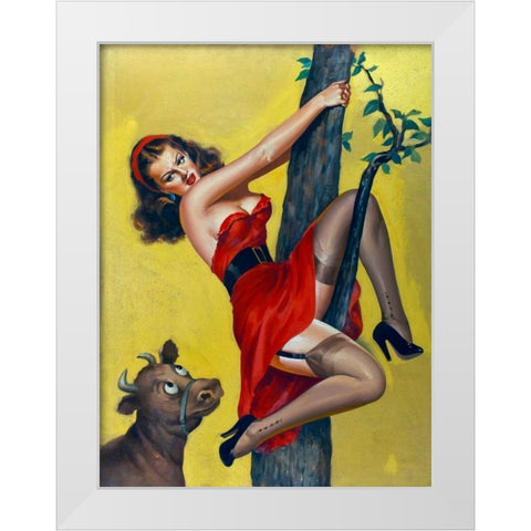 Mid-Century Pin-Ups - Moo - Up a tree White Modern Wood Framed Art Print by Driben, Peter