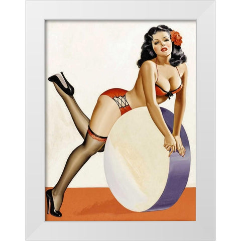 Mid-Century Pin-Ups - Over a drum White Modern Wood Framed Art Print by Driben, Peter