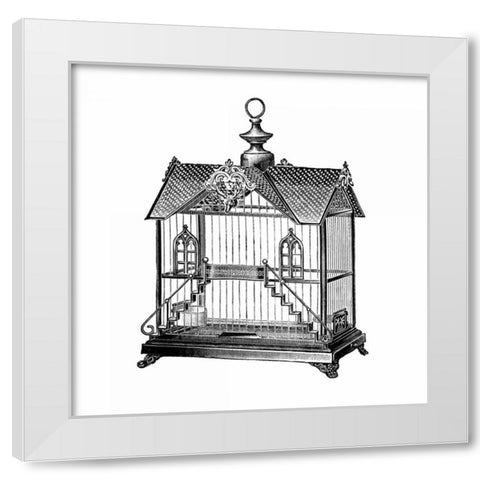 Etchings: Birdcage - Victorian house with steps. White Modern Wood Framed Art Print by Catalog Illustration