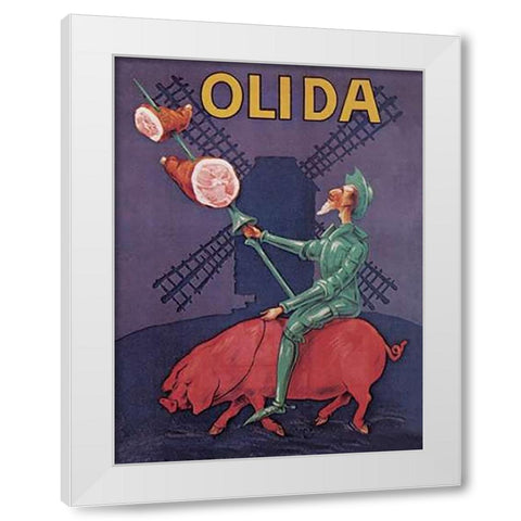 Pigs and Pork: Don Quixote Riding a Pig White Modern Wood Framed Art Print by Advertisement