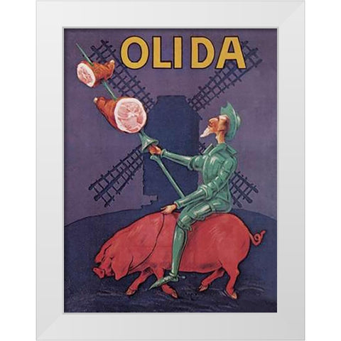 Pigs and Pork: Don Quixote Riding a Pig White Modern Wood Framed Art Print by Advertisement