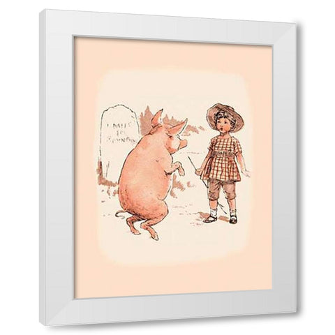 Pigs and Pork: Pig on Hind Legs and Little Girl White Modern Wood Framed Art Print by Advertisement