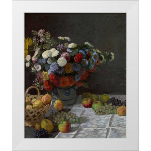 Still Life with Flowers and Fruit White Modern Wood Framed Art Print by Monet, Claude