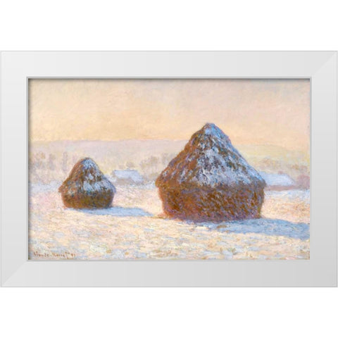 Wheatstacks, Snow Effect, Morning - Meules, Effet de Neige, Le Matin White Modern Wood Framed Art Print by Monet, Claude