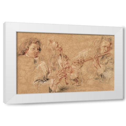 Two Studies of a Flutist and a Study of the Head of a Boy White Modern Wood Framed Art Print by Watteau, Jean-Antoine