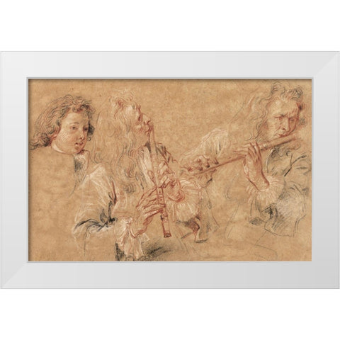 Two Studies of a Flutist and a Study of the Head of a Boy White Modern Wood Framed Art Print by Watteau, Jean-Antoine