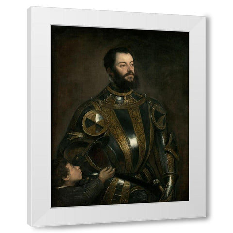 Portrait of Alfonso dAvalos, Marchese del Vasto, in Armor with a Page White Modern Wood Framed Art Print by Tiziano Vecellio, Titian