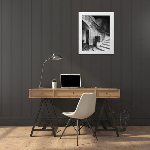 Paris, 1900 - Staircase, Hotel de Brinvilliers, rue Charles V White Modern Wood Framed Art Print by Atget, Eugene