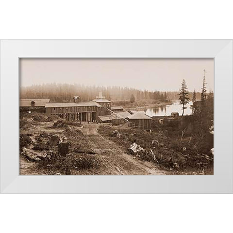 Oswego Iron Works, Willamette River, Oregon, 1867 White Modern Wood Framed Art Print by Watkins, Carleton