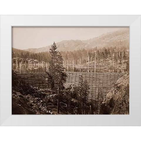 Dam and Lake, Nevada County, California, Near View, about 1871 White Modern Wood Framed Art Print by Watkins, Carleton
