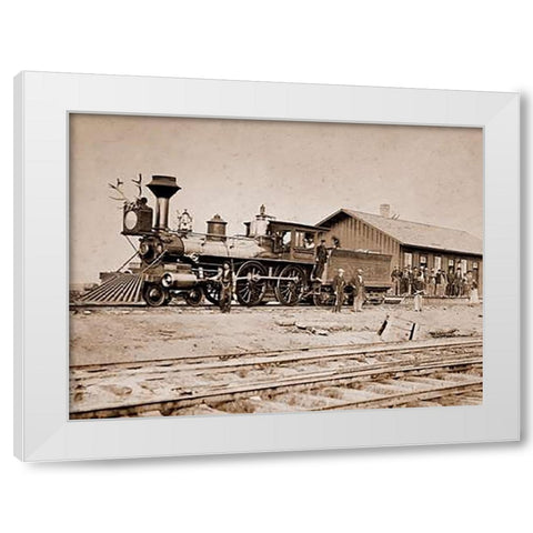 Wyoming Station, Engine 23 on Main Track, May 1868 White Modern Wood Framed Art Print by Russell, A.J.