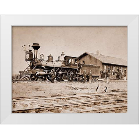 Wyoming Station, Engine 23 on Main Track, May 1868 White Modern Wood Framed Art Print by Russell, A.J.