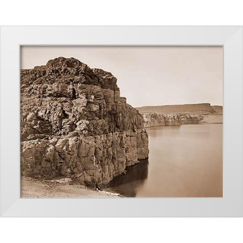 The Dalles, Extremes of High and Low Water, 92 ft./Head of the Dalles, Columbia River, Oregon, about White Modern Wood Framed Art Print by Watkins, Carleton