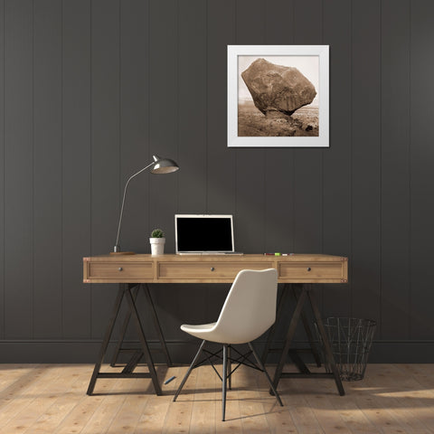 Perched Rock, Rocker Creek, Arizona, with sitting man, 1872 White Modern Wood Framed Art Print by Bell, William H.