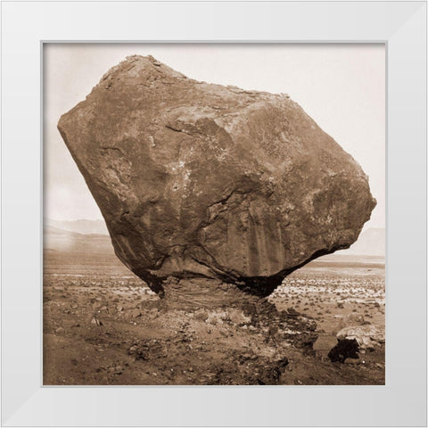 Perched Rock, Rocker Creek, Arizona, with sitting man, 1872 White Modern Wood Framed Art Print by Bell, William H.