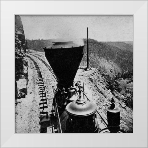 Rounding Cape Horn. Road to Iowa Hill from the river, in the distance. Black and white. White Modern Wood Framed Art Print by Hart, Alfred A.