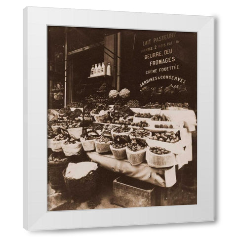 Rue Sainte-Opportune - Produce Display, rue Sainte-Opportune. Sepia White Modern Wood Framed Art Print by Atget, Eugene
