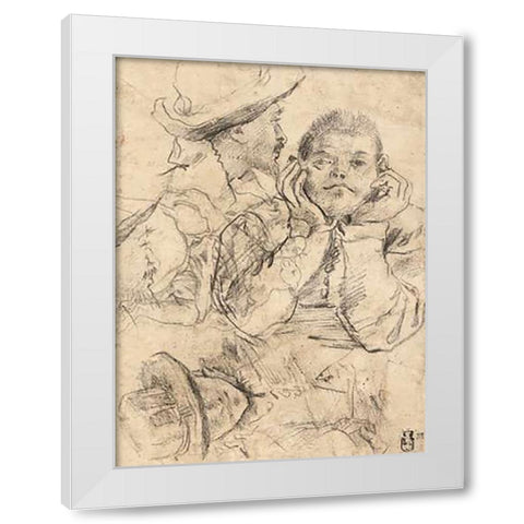 Four Studies of Heads Drawn over a Copy of Saint John the Evangelist by Correggio (recto); Three Stu White Modern Wood Framed Art Print by Carracci, Annibale or Lodovico