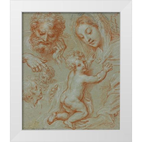Studies of the Madonna and Child and of Heads (recto); Madonna and Child with Saint John Seated in a White Modern Wood Framed Art Print by Corneille, Michel