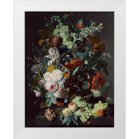 Still Life with Flowers and Fruit, c. 1715 White Modern Wood Framed Art Print by Van Huysum, Jan
