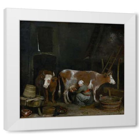 A Maid Milking a Cow in a Barn White Modern Wood Framed Art Print by Ter Borch, Gerard