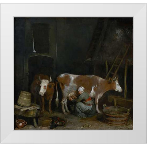 A Maid Milking a Cow in a Barn White Modern Wood Framed Art Print by Ter Borch, Gerard