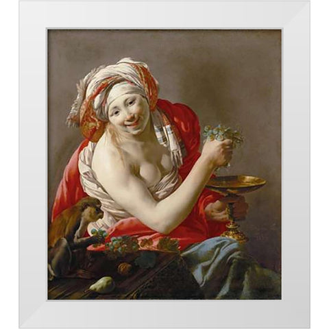 Bacchante with an Ape White Modern Wood Framed Art Print by Ter Brugghen, Hendrick