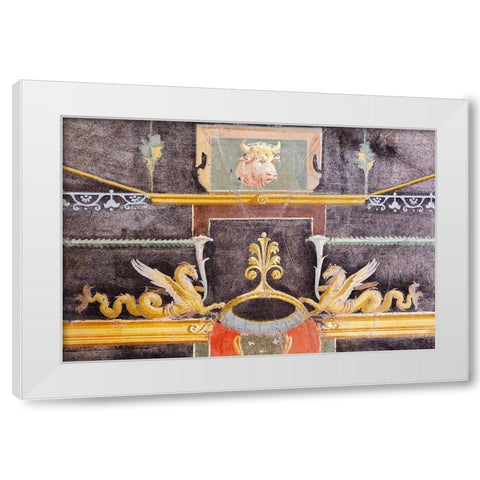 Wall Fragment with Bulls Head and Winged Sea Monsters on Black Ground White Modern Wood Framed Art Print by Artisan, Unknown 1st Century Roman