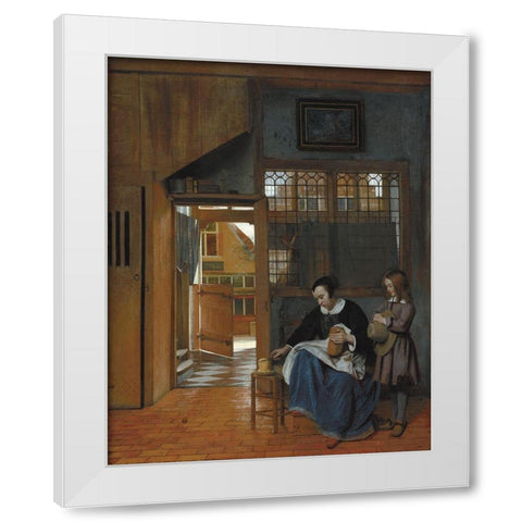 A Woman Preparing Bread and Butter for a Boy White Modern Wood Framed Art Print by de Hooch, Pieter