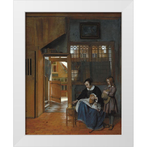 A Woman Preparing Bread and Butter for a Boy White Modern Wood Framed Art Print by de Hooch, Pieter