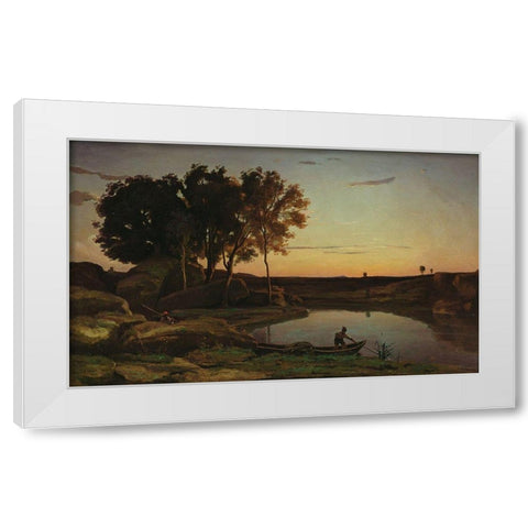 Landscape with Lake and Boatman White Modern Wood Framed Art Print by Corot, Jean-Baptiste-Camille