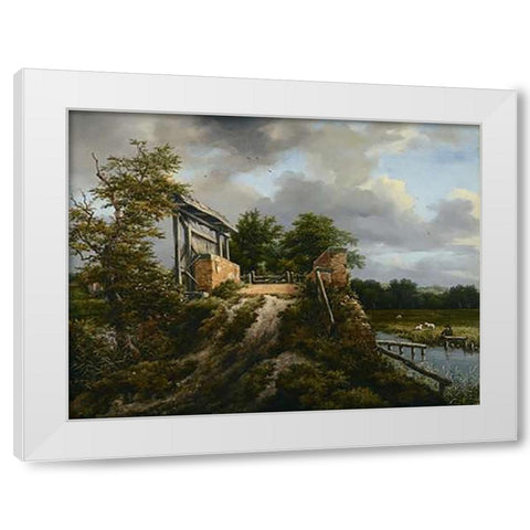 Bridge with a Sluice White Modern Wood Framed Art Print by Van Ruisdael, Jacob