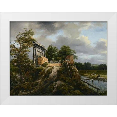 Bridge with a Sluice White Modern Wood Framed Art Print by Van Ruisdael, Jacob
