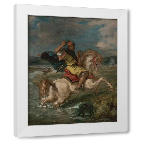 Moroccan Horseman Crossing a Ford White Modern Wood Framed Art Print by Delacroix, Eugene