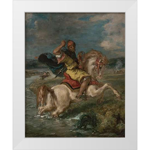 Moroccan Horseman Crossing a Ford White Modern Wood Framed Art Print by Delacroix, Eugene