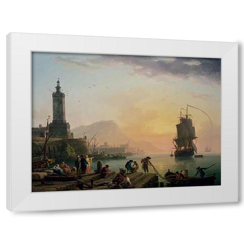 A Calm at a Mediterranean Port White Modern Wood Framed Art Print by Vernet, Claude-Joseph