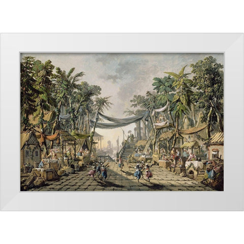 Market Scene in an Imaginary Oriental Port White Modern Wood Framed Art Print by Pillement, Jean-Baptiste