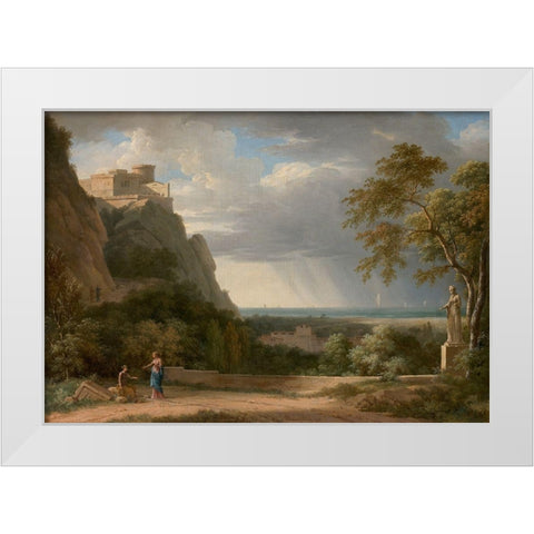 Classical Landscape with Figures and Sculpture White Modern Wood Framed Art Print by de Valenciennes, Pierre-Henri