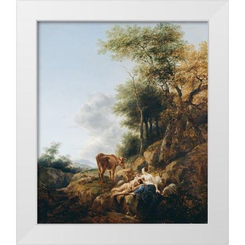Landscape with a Nymph and a Satyr White Modern Wood Framed Art Print by Berchem, Nicolaes
