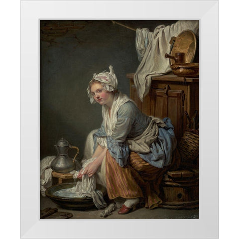 The Laundress (La Blanchisseuse) White Modern Wood Framed Art Print by Greuze, Jean-Baptiste