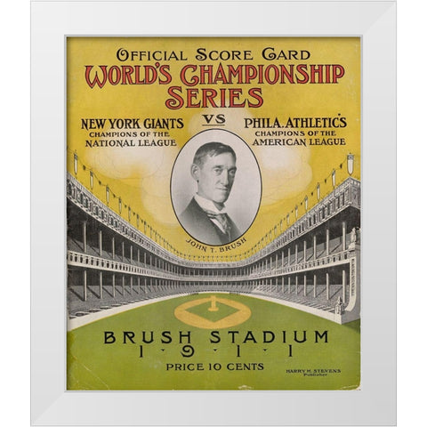 Offical Score Card Worlds Championship Series - New York Giants vs Philadelphia Athletics, 1880 White Modern Wood Framed Art Print by Stevens,