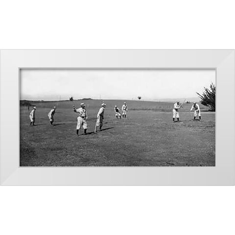 Eight Boys With A Ball And Four Bats, Playing Four Old Cat White Modern Wood Framed Art Print by A.G. Spalding Baseball Collection