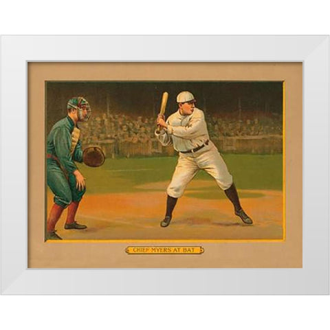 Chief Myers at Bat, Baseball Card, 1911 White Modern Wood Framed Art Print by American Tobacco Company