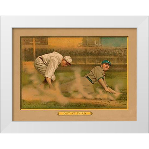 Out at Third, Baseball Card White Modern Wood Framed Art Print by American Tobacco Company