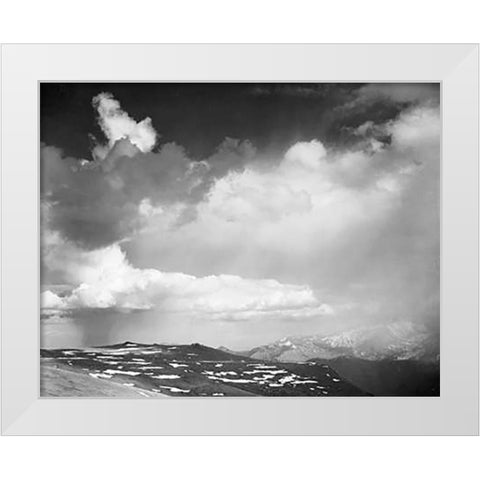 Mountain tops, low horizon, dramatic clouded sky, in Rocky Mountain National Park, Colorado, ca. 194 White Modern Wood Framed Art Print by Adams, Ansel